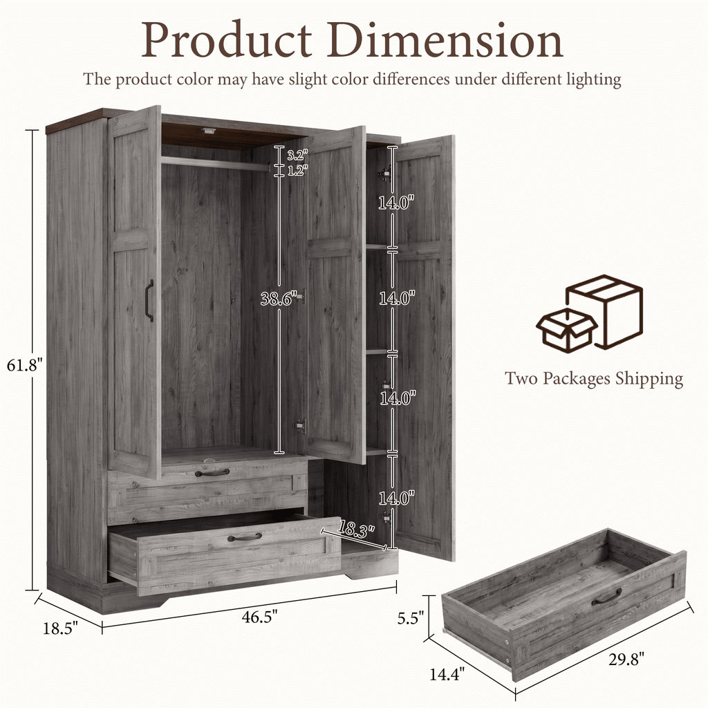Brafabhome 71H Armoire Wardrobe Closet with 2 Drawers, Farmhouse 2 Doors Armoire Cabinet with Hanging Rod, Modern Freestanding Wardrobe Clothes Cabinet for Bedroom | Gray