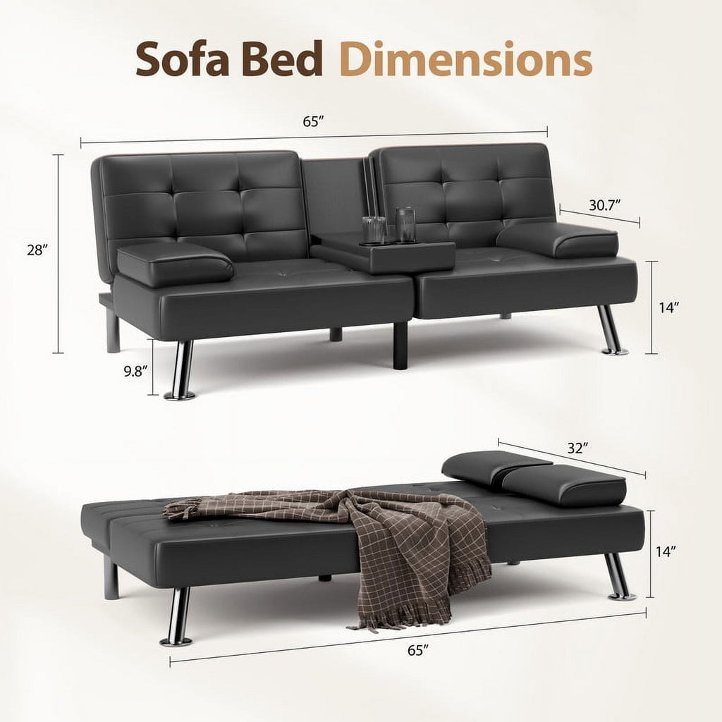 Furmax 3-in-1 Futon Sofa Bed Convertible Couch – Faux Leather Recliner with Cup Holders for Living Room, Apartment & Small Space, Black