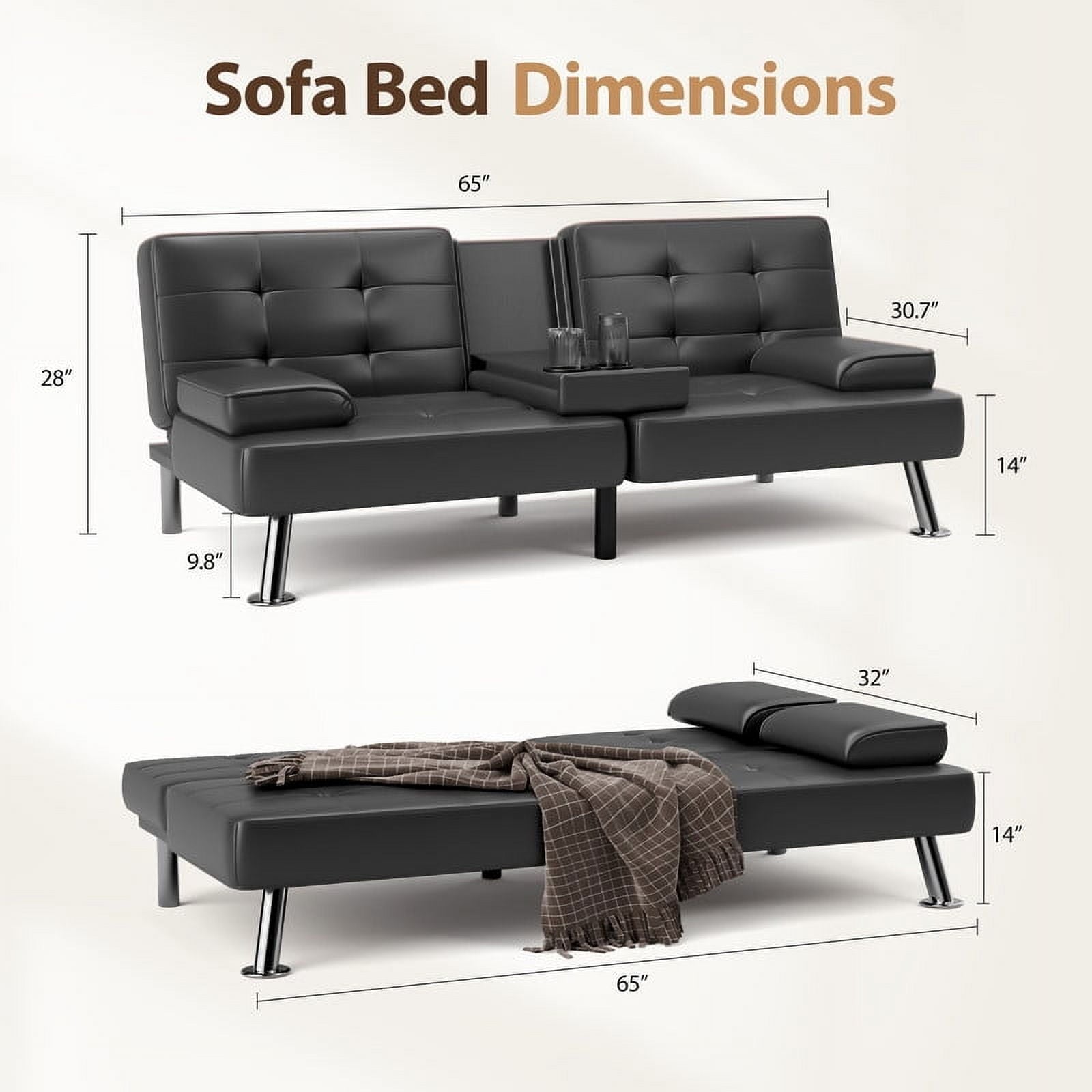 Furmax 3-in-1 Futon Sofa Bed Convertible Couch – Faux Leather Recliner with Cup Holders for Living Room, Apartment & Small Space, Black