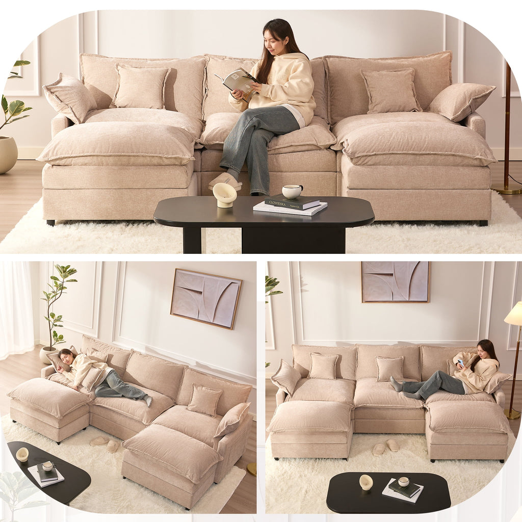 LAKPS 3-Seat Sectional Sofa Couch, Cloud-Style Deep Seating Sleeper Sofa with Included Throw Pillows, Linen Upholstery, Modern Living Room Sofa, Cream White