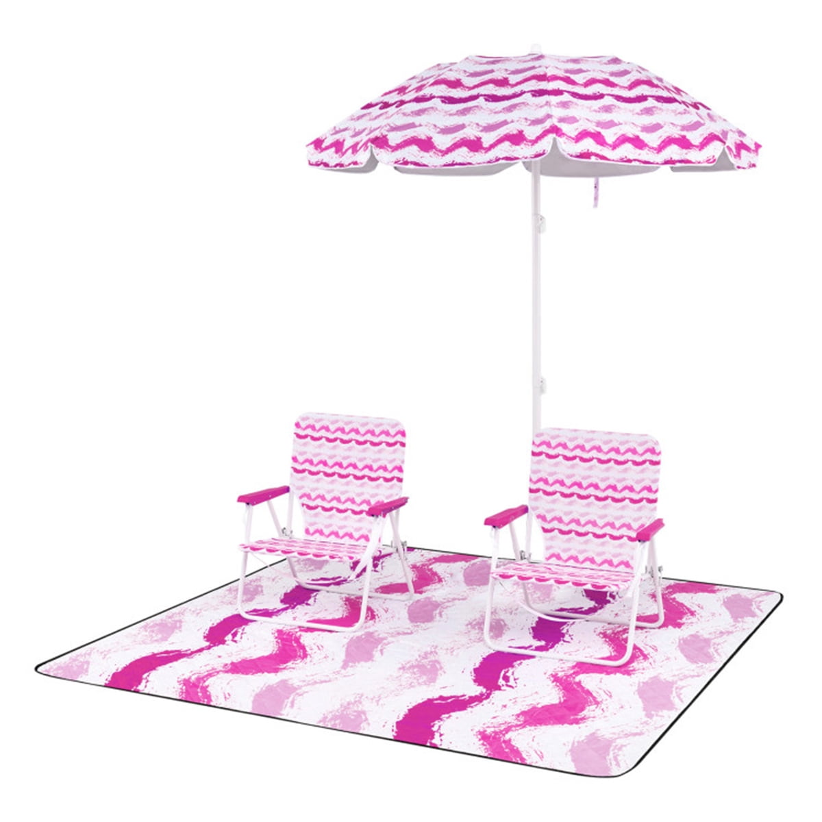 Portable Beach Set 4-Piece Pink – Sun-Proof Umbrella 2 Comfortable Folding Chairs & Large Waterproof Picnic Blanket