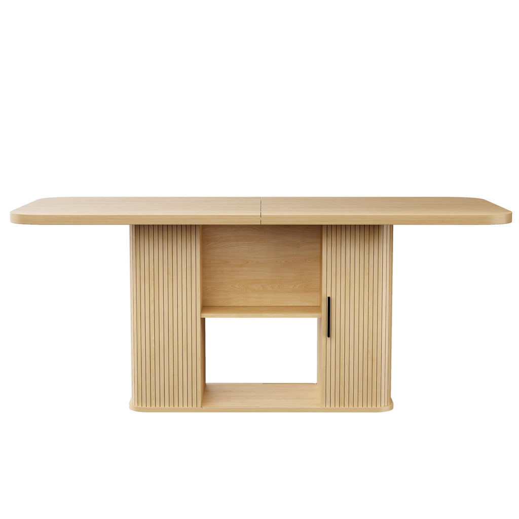 SUNCOZE 70in Dining Table for 4-8, Dining Leisure Table with Storage Shelves, 1.38 Thick Top, Scratch-Resistant, Natural Wood Finish, Multi-Use for Dining Room Kitchen Office, Wood Finish