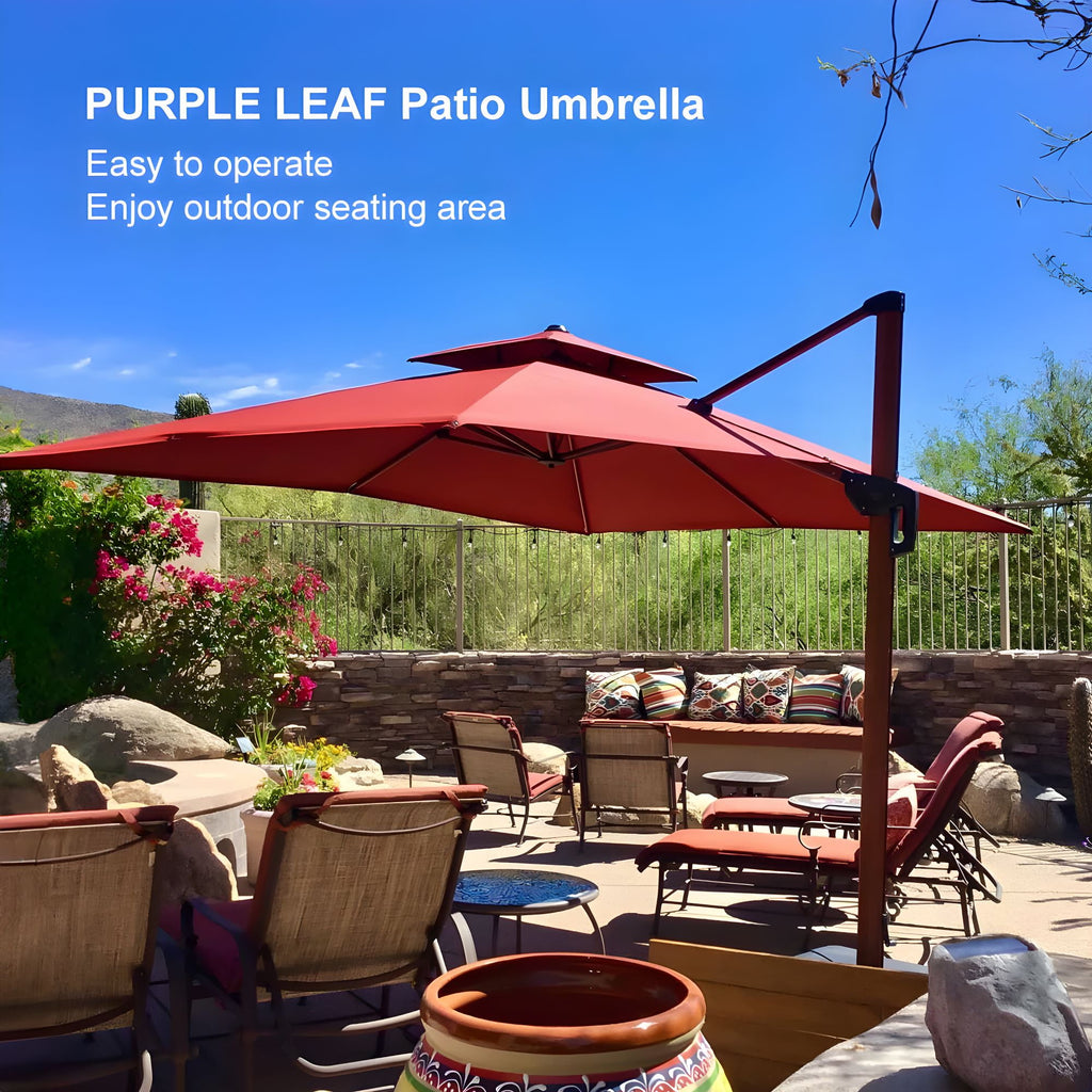 PURPLE LEAF 10FT Deluxe Square Wood Grain Patio Umbrella, Large Offset Cantilever Umbrella with 360° Rotation, Beige