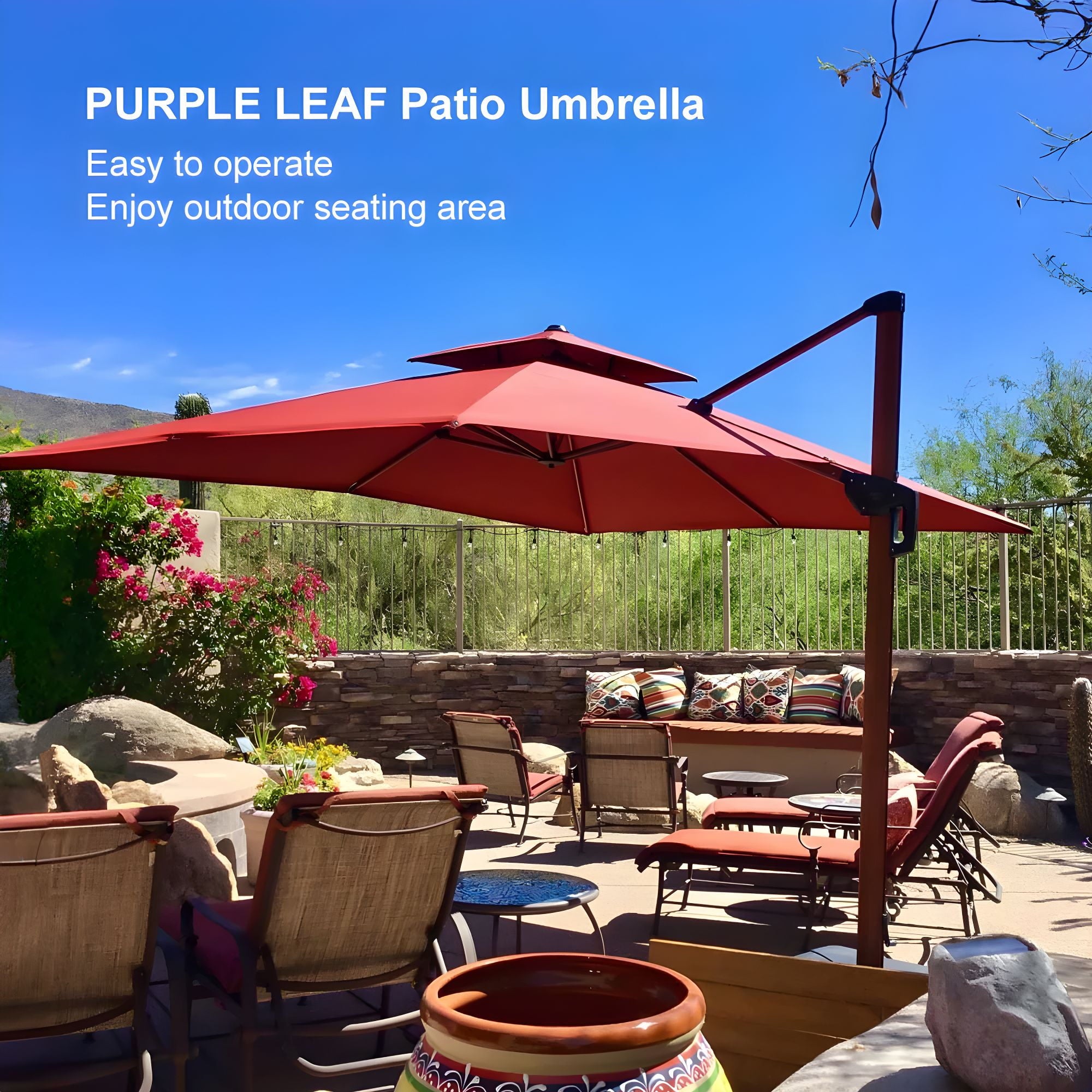 PURPLE LEAF 10FT Deluxe Square Wood Grain Patio Umbrella, Large Offset Cantilever Umbrella with 360° Rotation, Beige