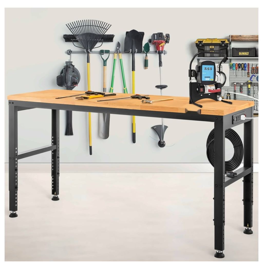 Adjustable Height Workbench 48x20, 2000 LBS Capacity Garage Work Table w/Power Outlets, Hardwood Top & Metal Frame, for Office Home DIY Projects
