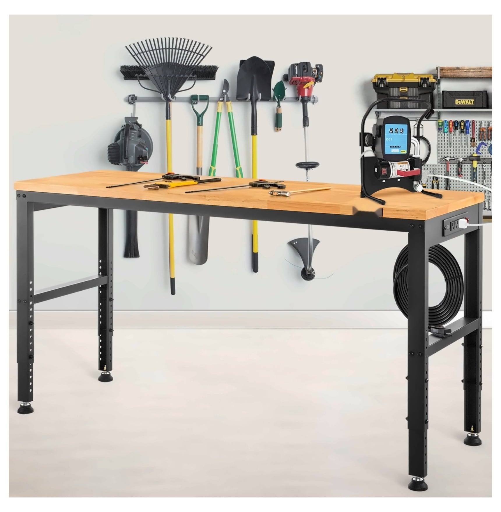 Adjustable Height Workbench 48x20, 2000 LBS Capacity Garage Work Table w/Power Outlets, Hardwood Top & Metal Frame, for Office Home DIY Projects