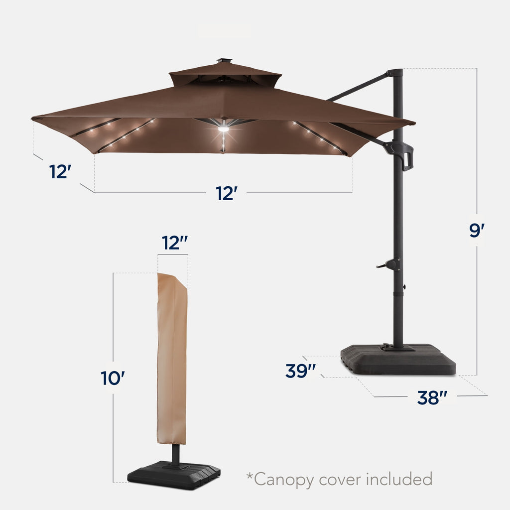 Best Choice Products 12x12ft 2-Tier Square Outdoor Solar LED Cantilever Umbrella w/ 360-Rotating Base   Gray
