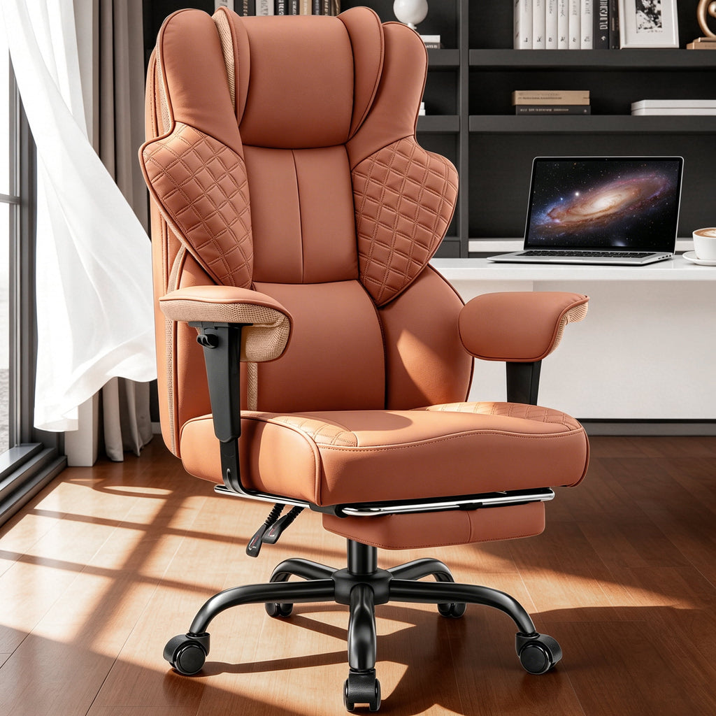 COOLHUT Big and Tall Office Chair 500lbs, Heavy Duty Ergonomic Office Desk Chair with Deluxe Embossing PU Leather with Footrest, Executive Gaming Chair with Lumbar Support, Brown