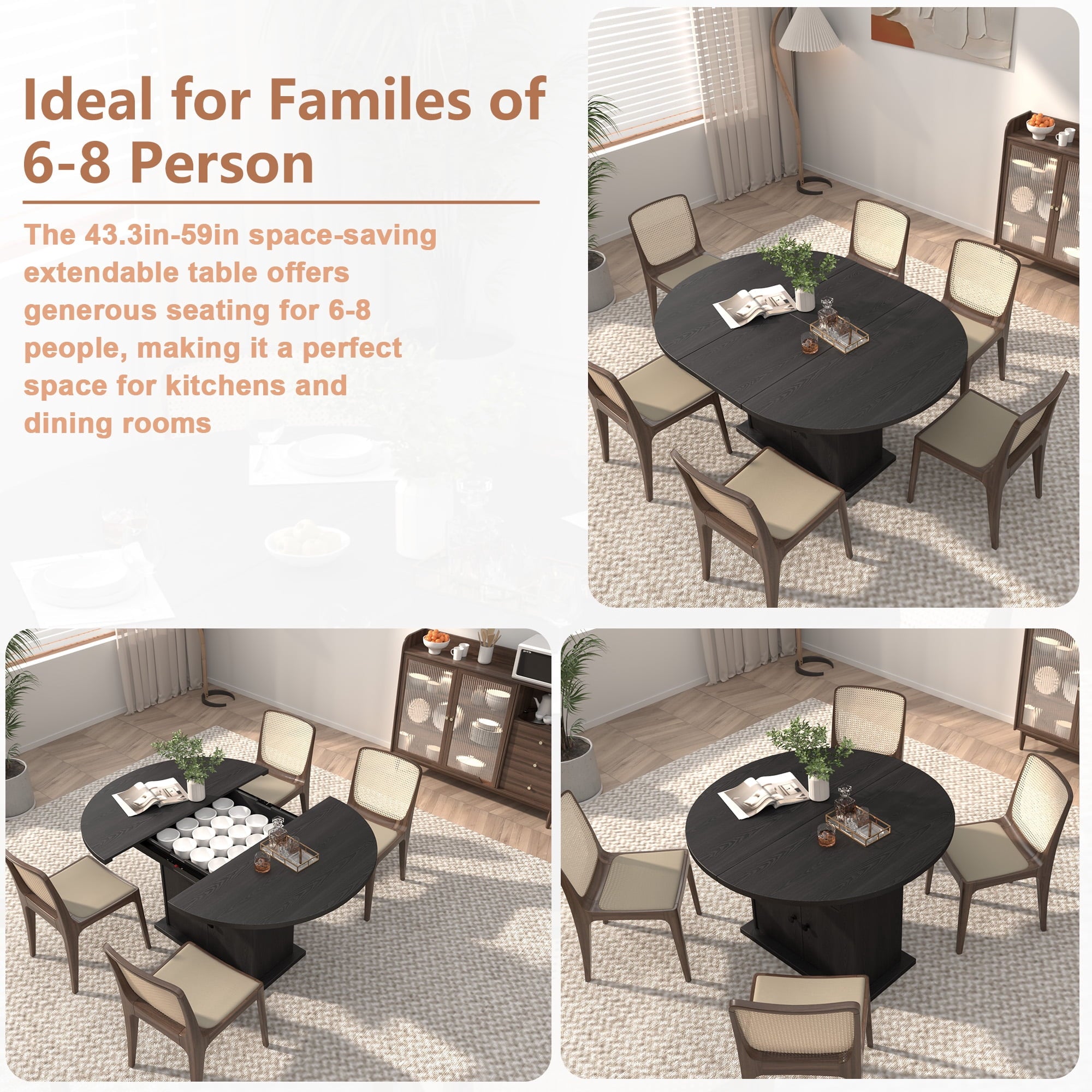 WARAYZ 43.3–59in Extendable Dining Table, Wood Expandable Design with Hidden Storage, Rectangular Space-Saving Dark Brown