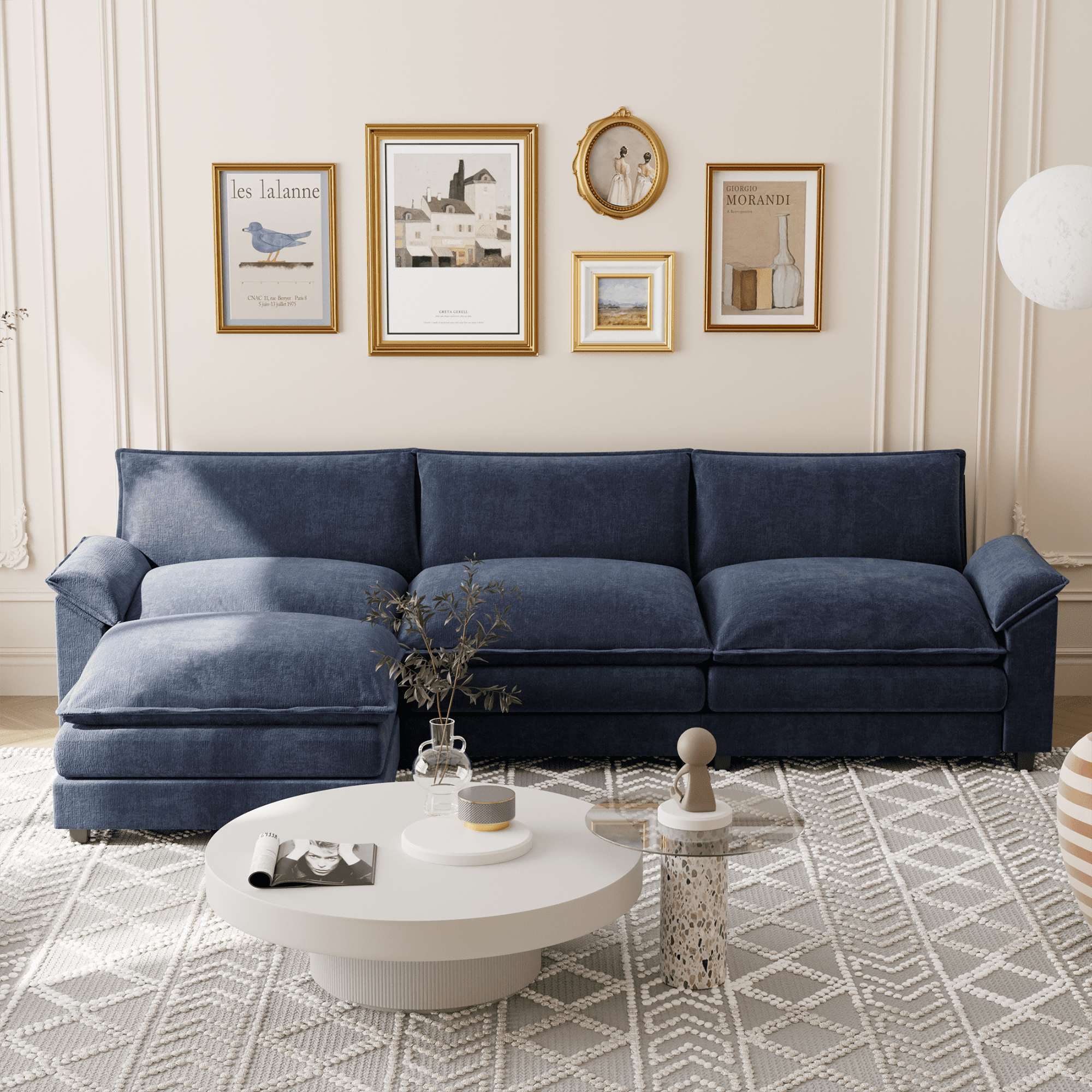 Homall 3-seat L-shaped Cloud Couch Sectional Sofa with reversible toffee chair Movable Footrest Sofa, Gray