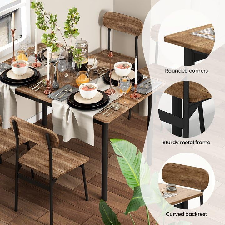 Lamerge 4 Person Dining Table Set, Wooden Dining Table 5 Piece Set with 4 Oak Metal Frame Chairs, Space Saving, Suitable for Apartments, Small Spaces, Kitchens, Breakfast Corners, Espresso Wood C
