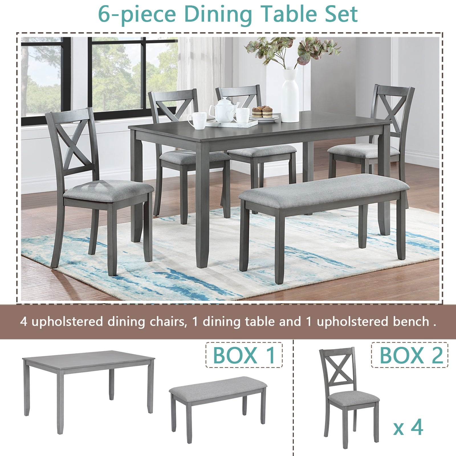 Dining Room Set, LEGAHOME 6 Piece Dining Sets with Bench and Chairs, Solid Wood Kitchen Dining Table Set for 6 with Upholstered Chairs, Gray