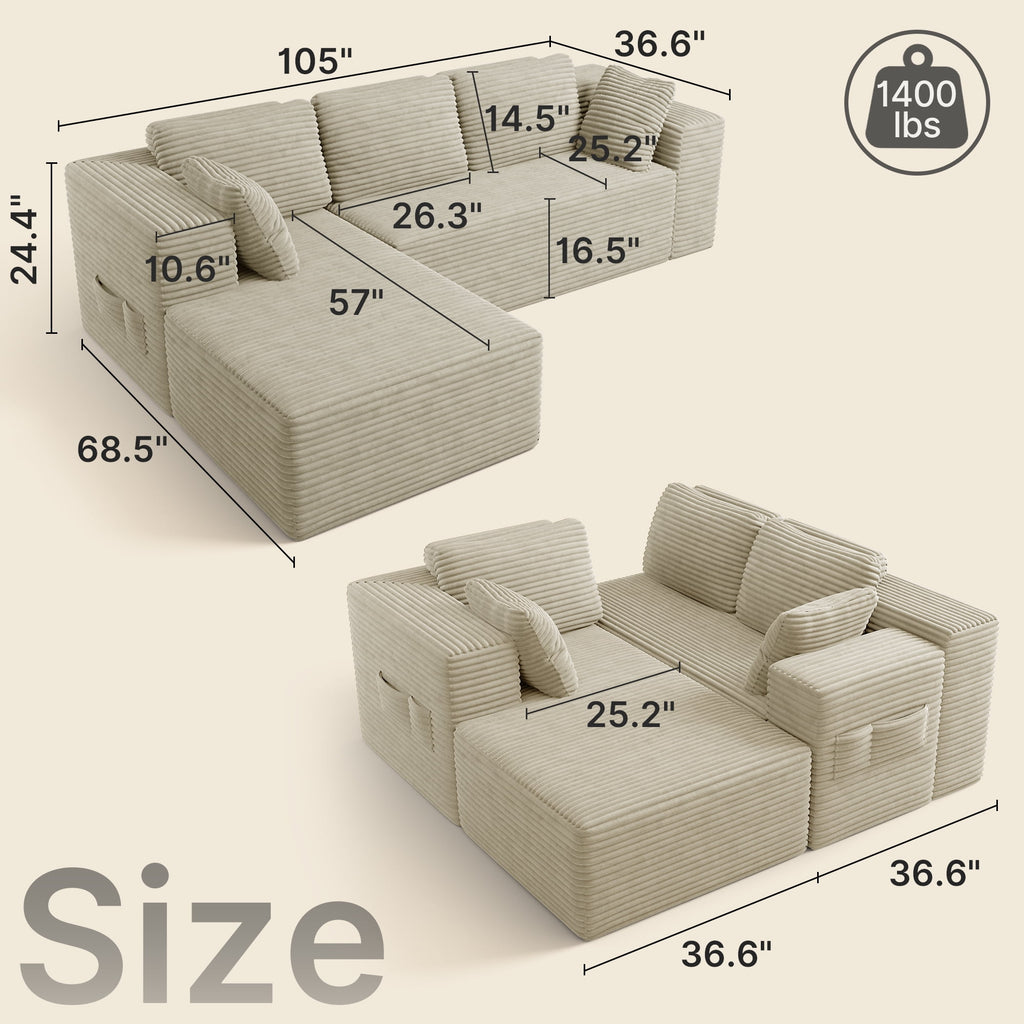 Sofa, Lofka 105 Free Assembly L-Shaped Sectional with Pet Friendly Corduroy Fabric, Black for Living Room/Apartment