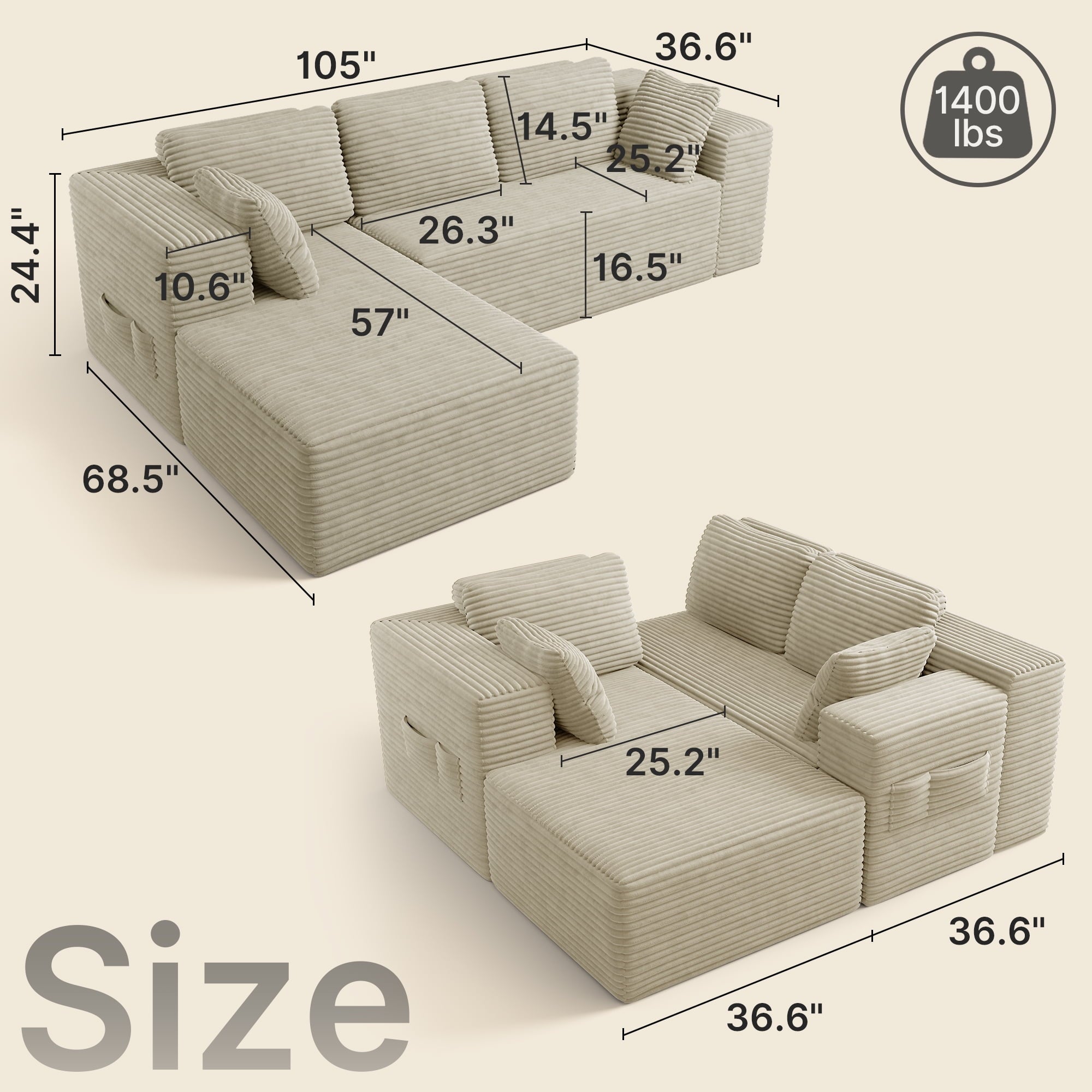 Sofa, Lofka 105 Free Assembly L-Shaped Sectional with Pet Friendly Corduroy Fabric, Black for Living Room/Apartment