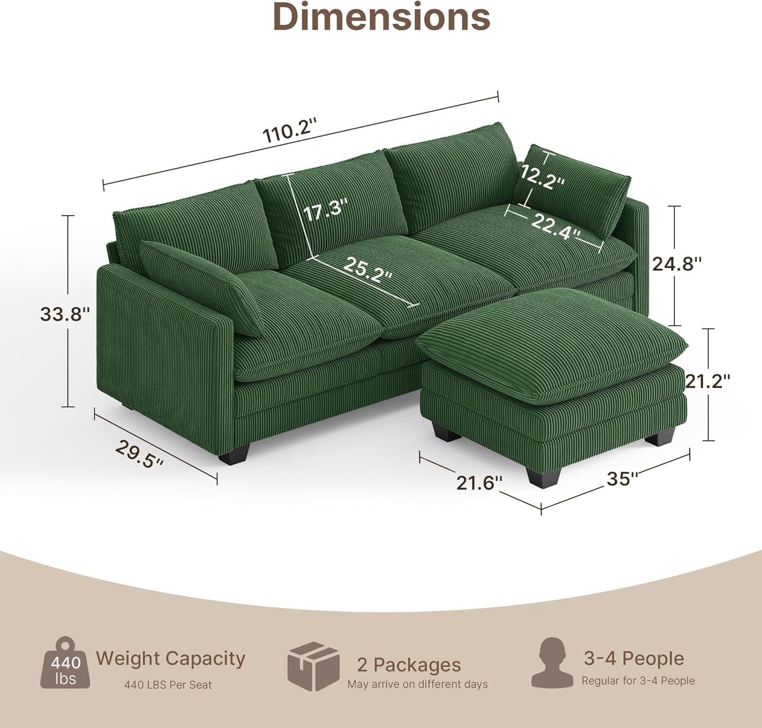 110'' Oversized L Shaped Couch for Living Room, Cloud Couches with Washable Corduroy Cover, Modern 4-Seater Comfy Deep-Seat Sofa with Movable Ottoman and 2 Throw Pillows for Apartment, Gray