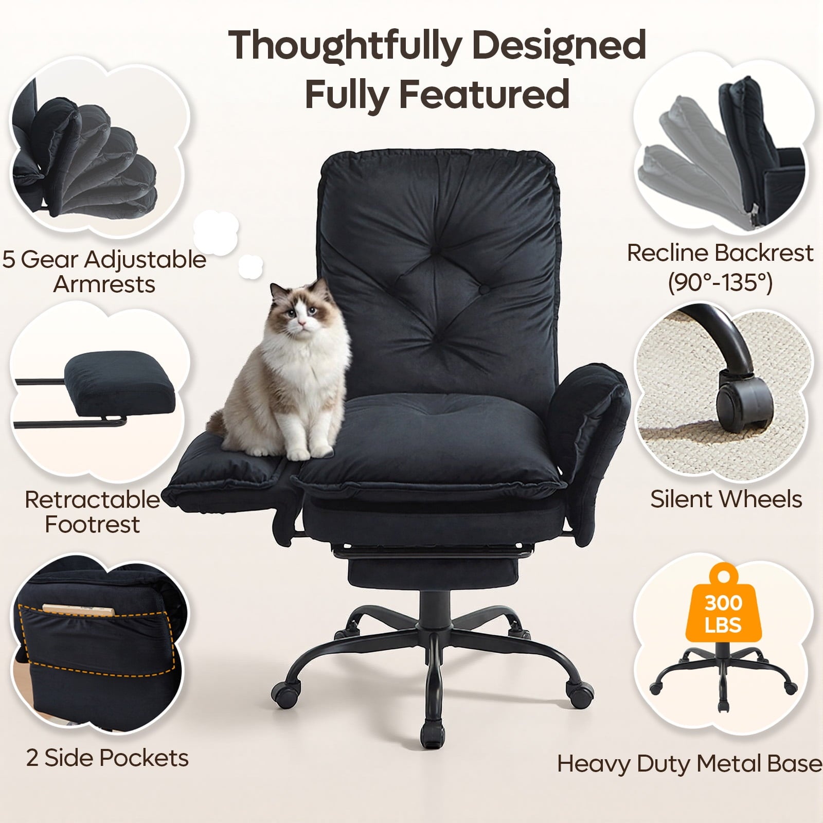 Bestier Big and Tall Executive Office Chair with Flip-up Arms for Adult, Wide Seat Ergonomic Computer Desk Chair,High Back Velvet Comfy Cross-Legged Office Chair with Footrest and Side Pockets, Black