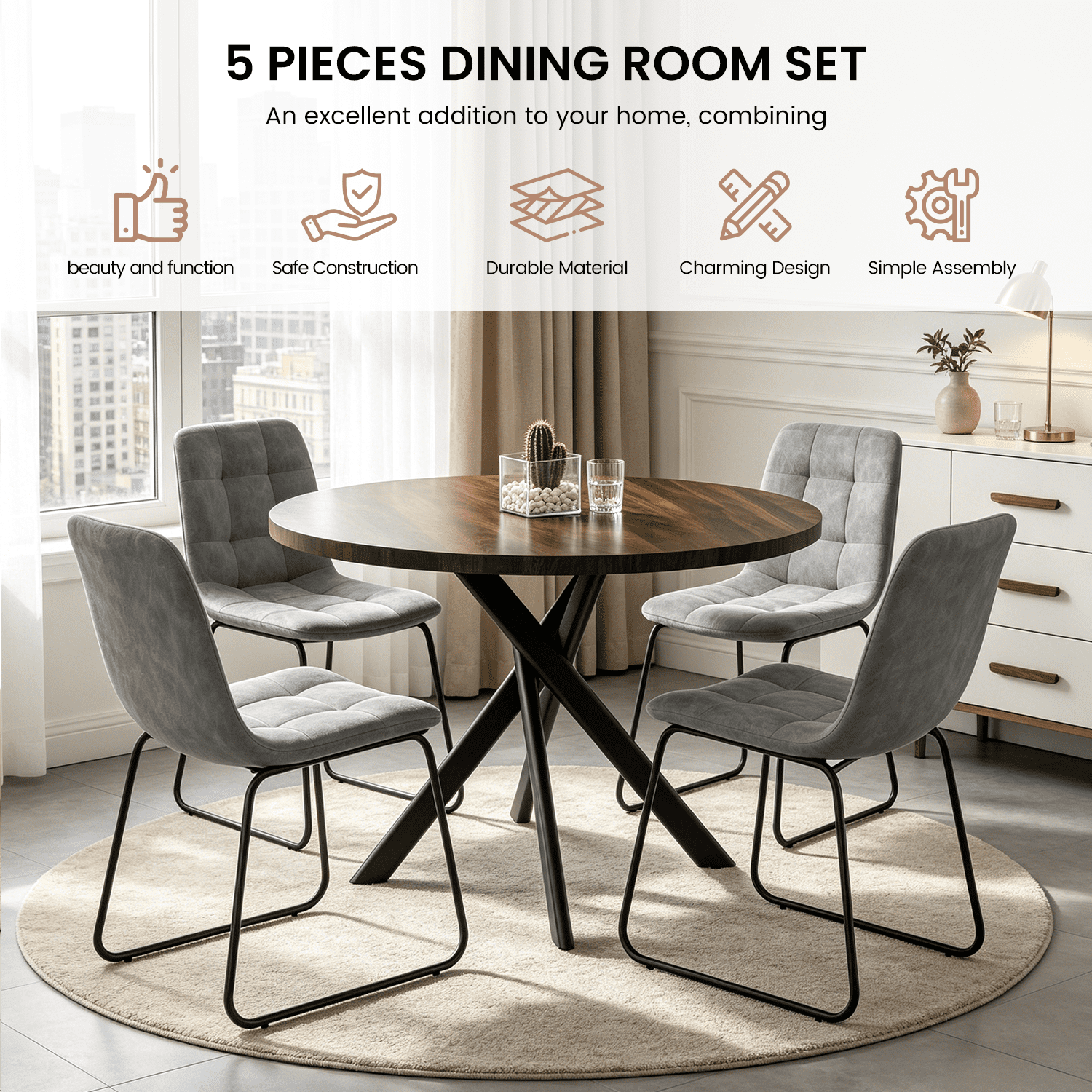 43.5 Round Dining Table for 4, Space Saving Kitchen Table with Metal Legs, Mid Century Modern Dining Table for Dining Living Room Apartment Small Space