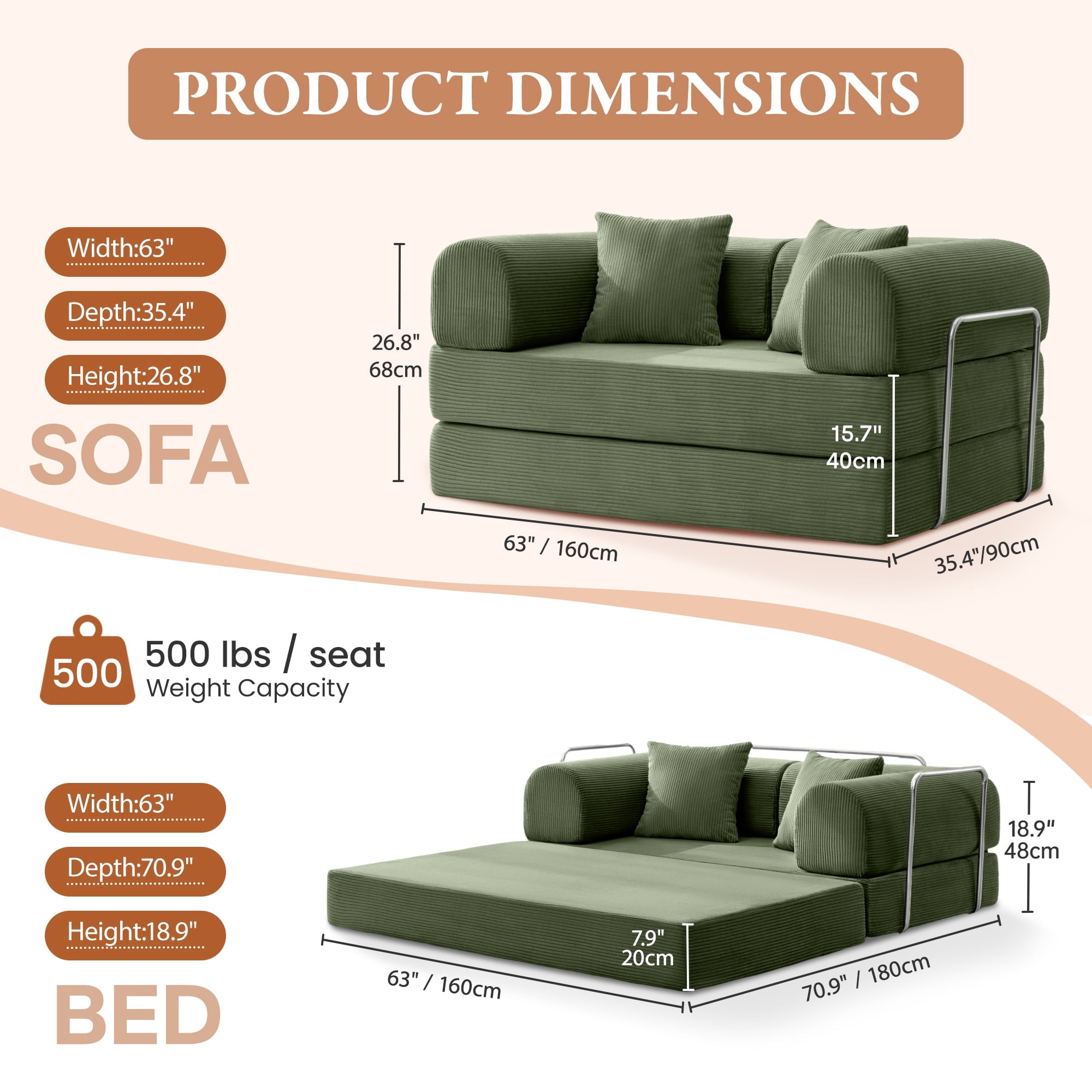 COOLHUT 63 W Combination Sofa, High Rebound Density Foam Sofa Couch, Two Forms Floor Couch Three Seats Sofa Bed for Living Room, Bedroom, Green