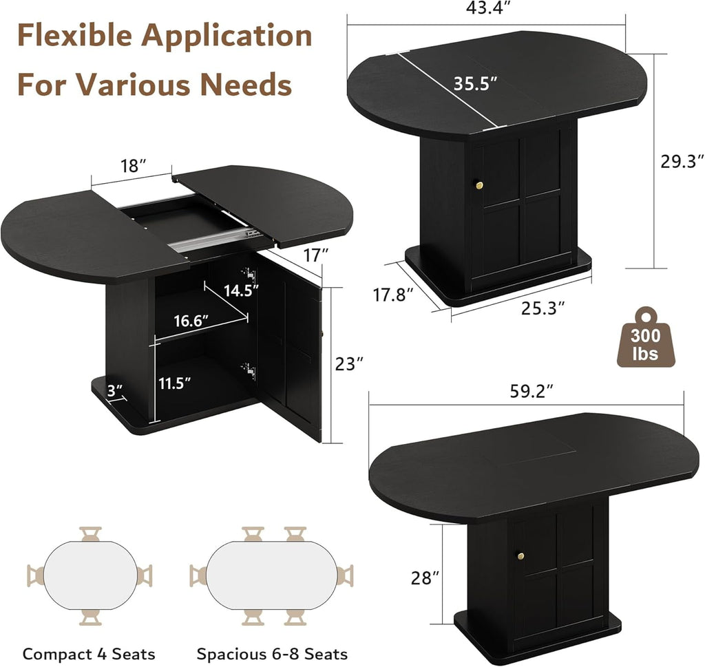 iPormis Extendable Round Dining Table for 4-6, 59'' Modern Kitchen Table with 2-Tier Storage Shelf, Wood Door, MDF Board, Space Saving Oval Dinner with Sturdy Pedestal Base, Kitchen, Dining, Natural