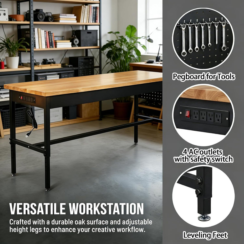 60 Inch Adjustable Workbench with Power Outlet, 2500 LBS Heavy Duty Double-Layer Workbench with Hardwood Top, 6-Level Height Adjustable Garage Work Table with Wheels, Rolling Workstation for Workshop