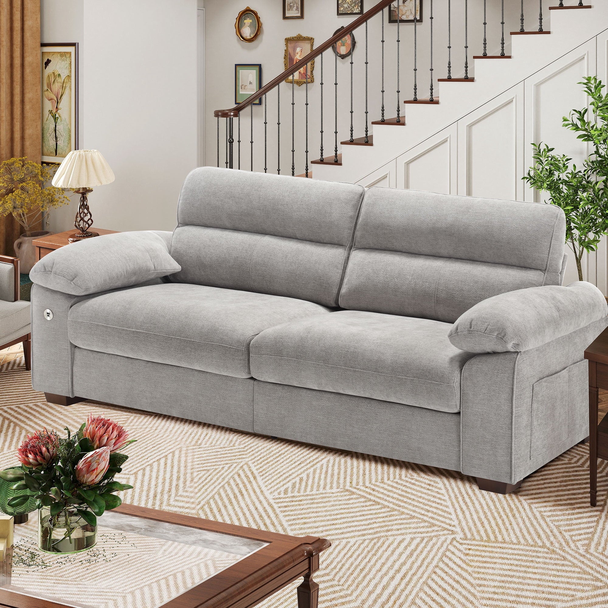 Bedluxury 89 Deep Sofa Couch with USB/Type-C Charging, Storage Pocket & Wide Armrest, Removable Cover, Seats 3 Adults, Chenille Beige