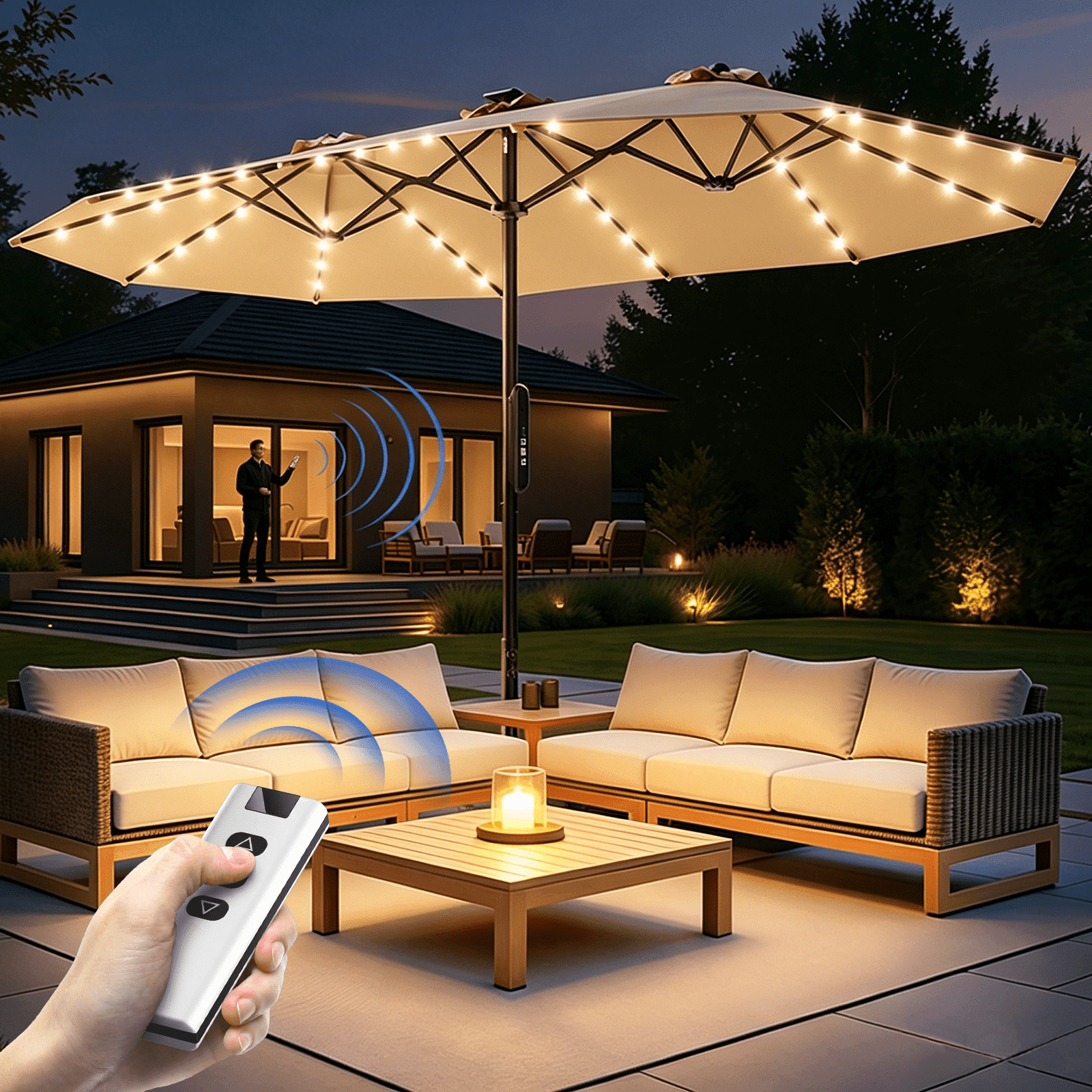 15ft Smart Electric Patio Umbrella, Large Double Sided Rectangular Outdoor Patio Umbrella with Light and Base for Lawn, Garden, Backyard,Beige