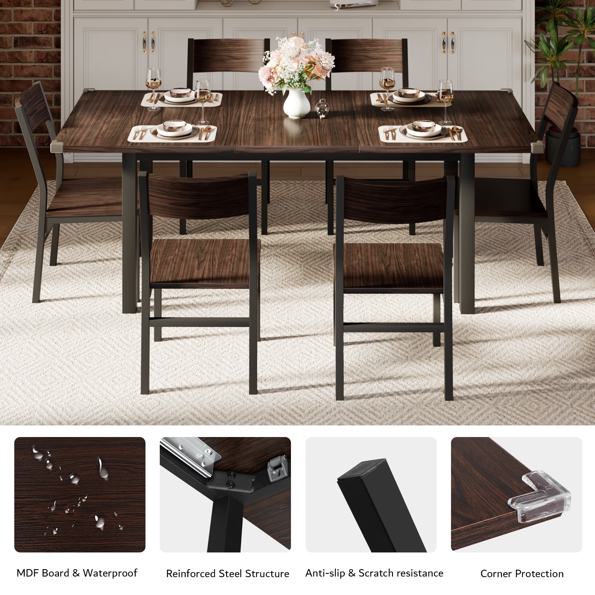 Virans 7-Piece Dining Table & Chairs Set for 4-6, 63 Extendable Kitchen Table with 6 Chairs, Dining Room Table with Metal Frame & MDF Board, Perfect for Small Space, Easy Assembly,Espresso