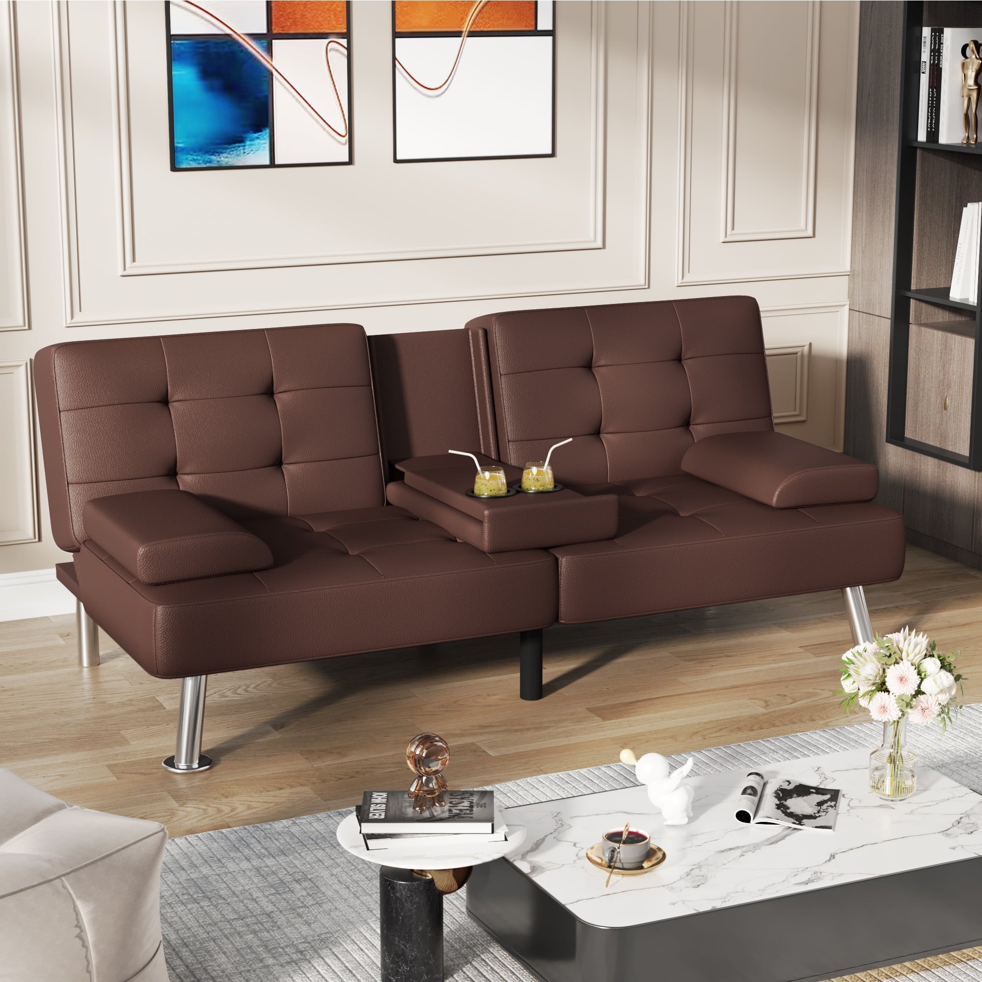 Homall Futon Sofa Bed Faux Leather Couch Modern Convertible Folding Recliner with 2 Cup Holders