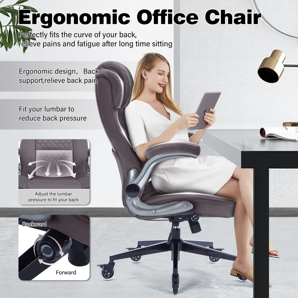 High Back Office Chair with Lockable Wheels, 400lbs Large Fabric Executive Desk Chair, Adjustable Lumbar Support Flip up Arms, Ergonomic Home Office Computer Chair with Storage Pocket, Black