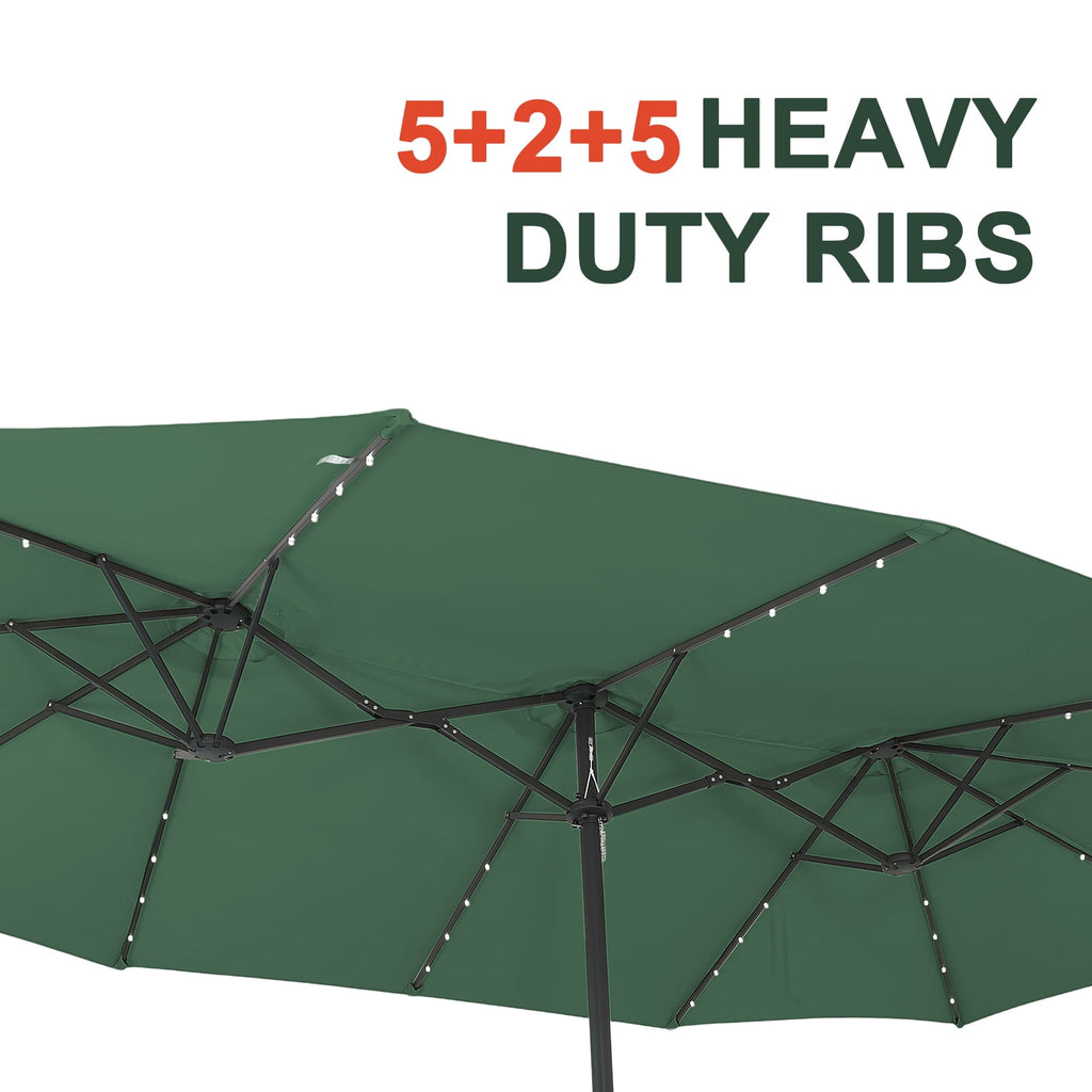 Ainfox 15ft Large Patio Umbrella with Solar Lights, Double-Sided Outdoor Rectangle Table Umbrellas with Sand Bag Base，Beige