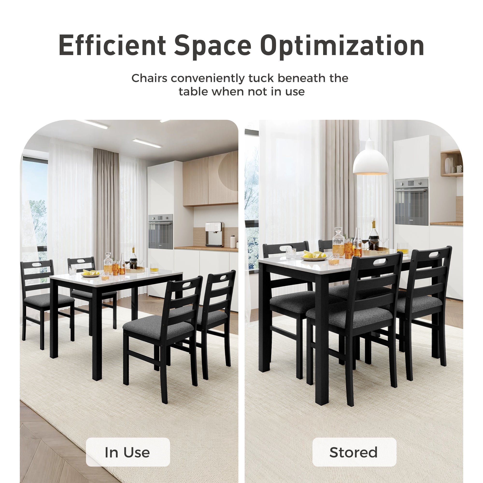 Alpha Joy Farmhouse Dining Table Set for 4 Solid Wood Kitchen Chairs and Table Set, Walnut & White