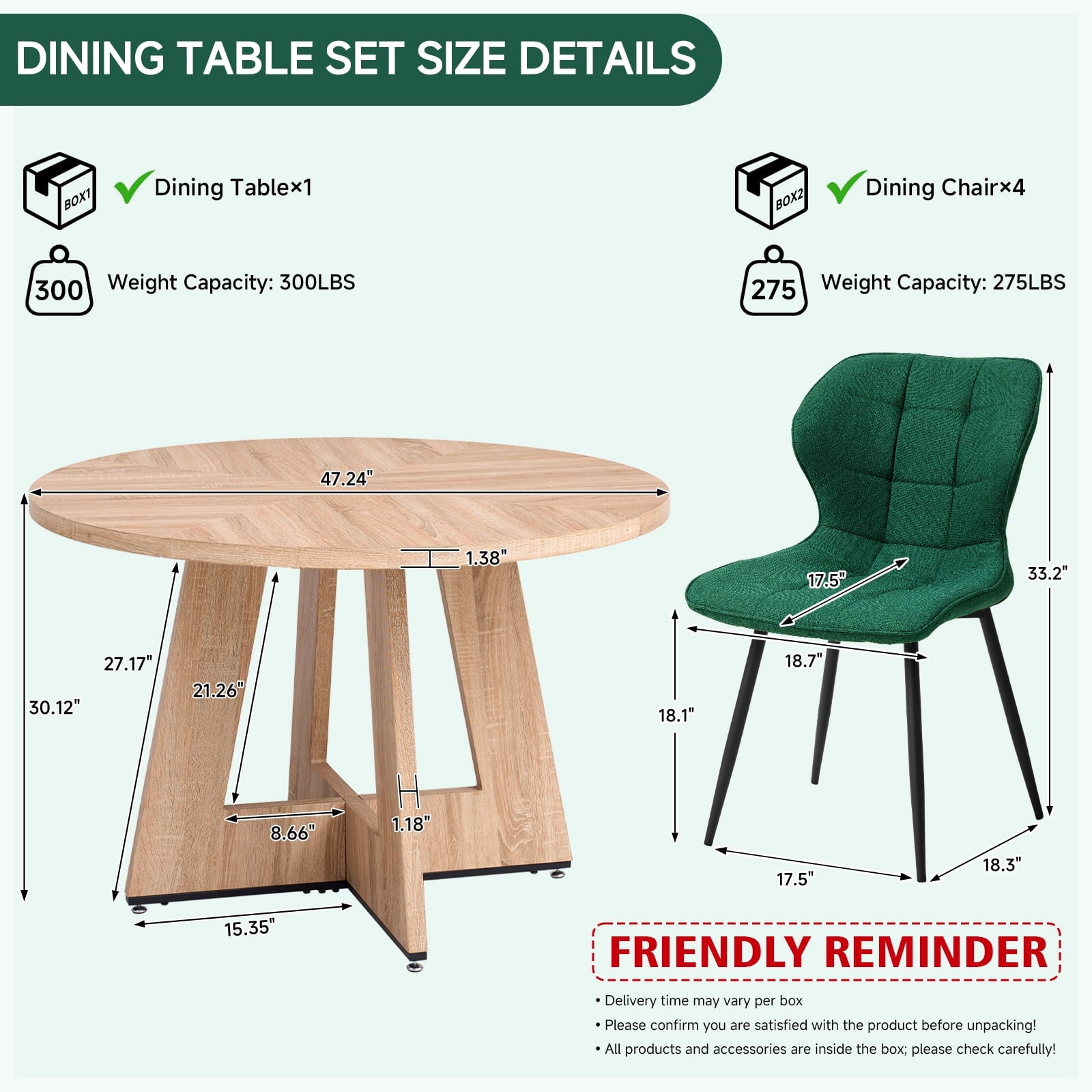 47 Round Dining Table Set for 4 Mid-Century Modern Kitchen Table with 4 Upholstered Chairs Kitchen Coffee Set Dining Table and Chairs for Living Room(Natural Table with 4 Beige Chairs)