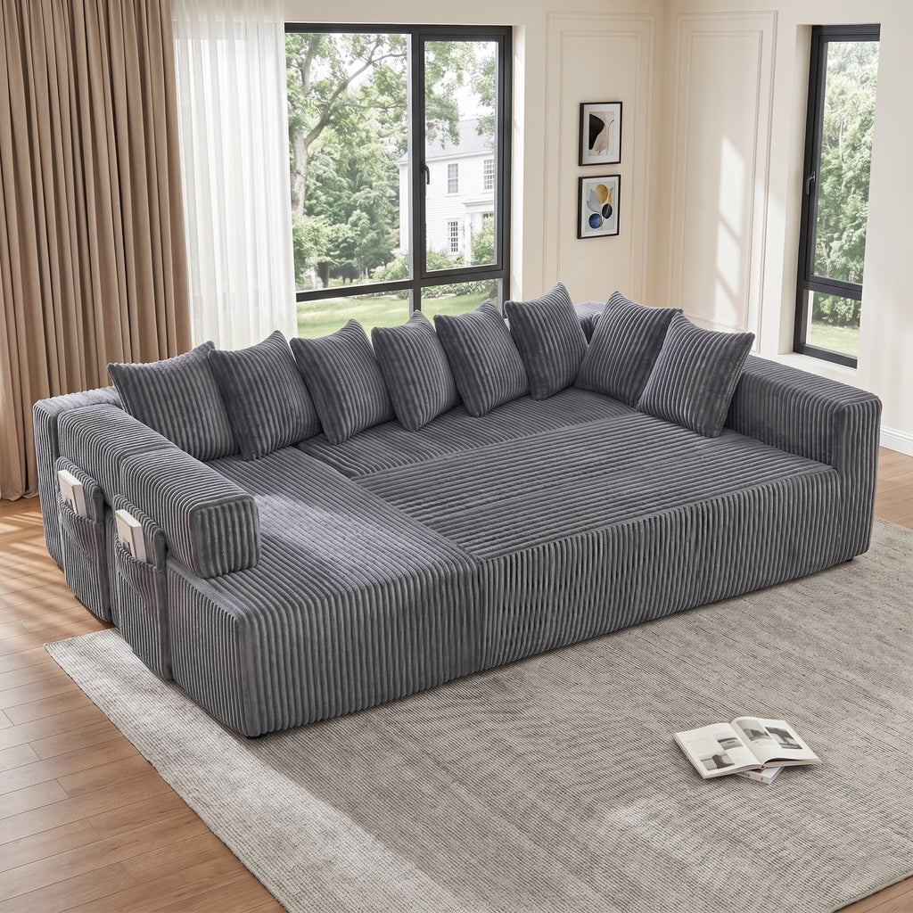 SOULART 138.5 U Shaped Sectional Couch,Gray Cloud Boneless Sofa For Living Room,Plush Corduroy Couches With Deep Seat Chaise Lounge,No Assembly Required
