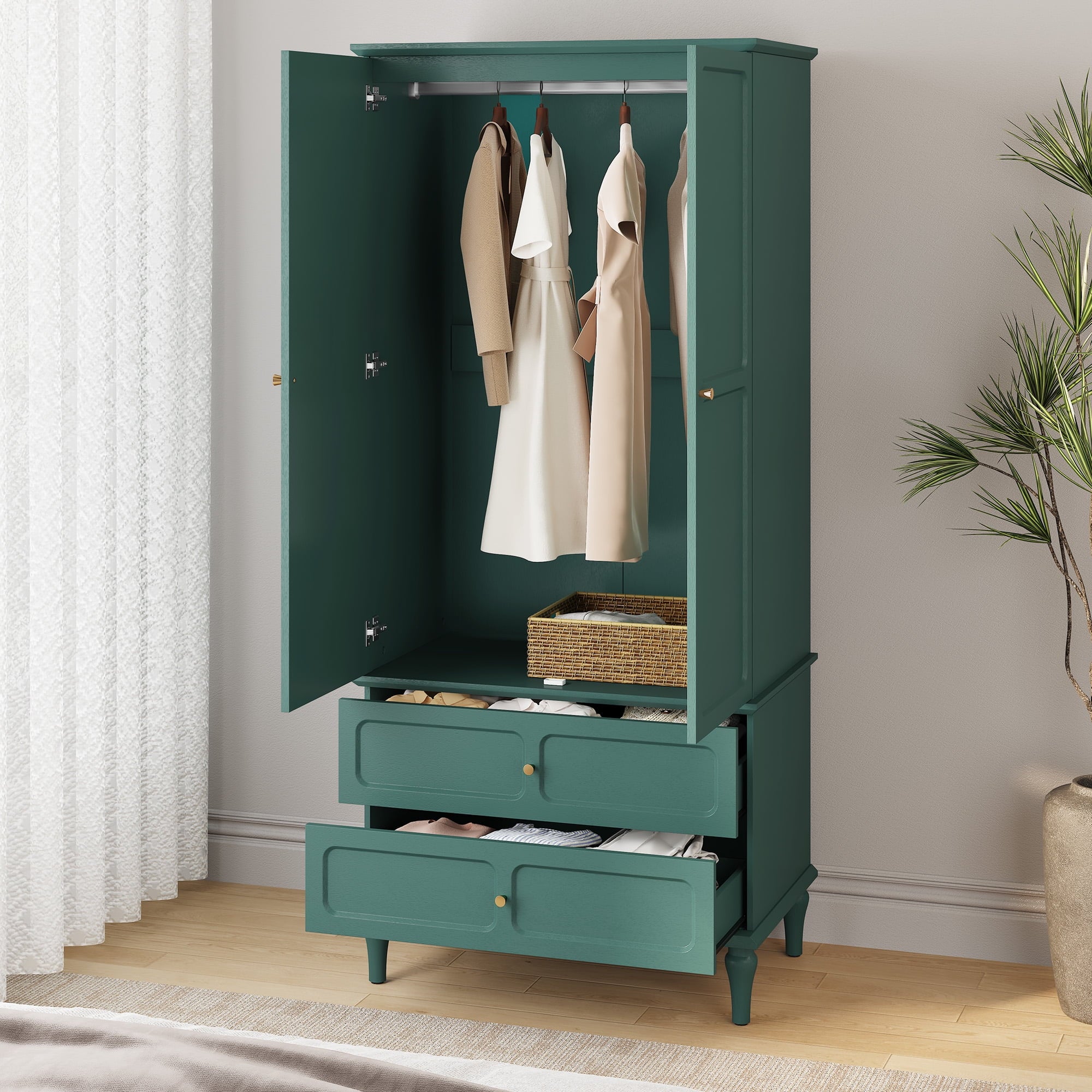 HLR 71 Tall Modern Wood Armoire Wardrobe Closet, Freestanding Cabinet with Hanging Rod for Bedroom, Brown