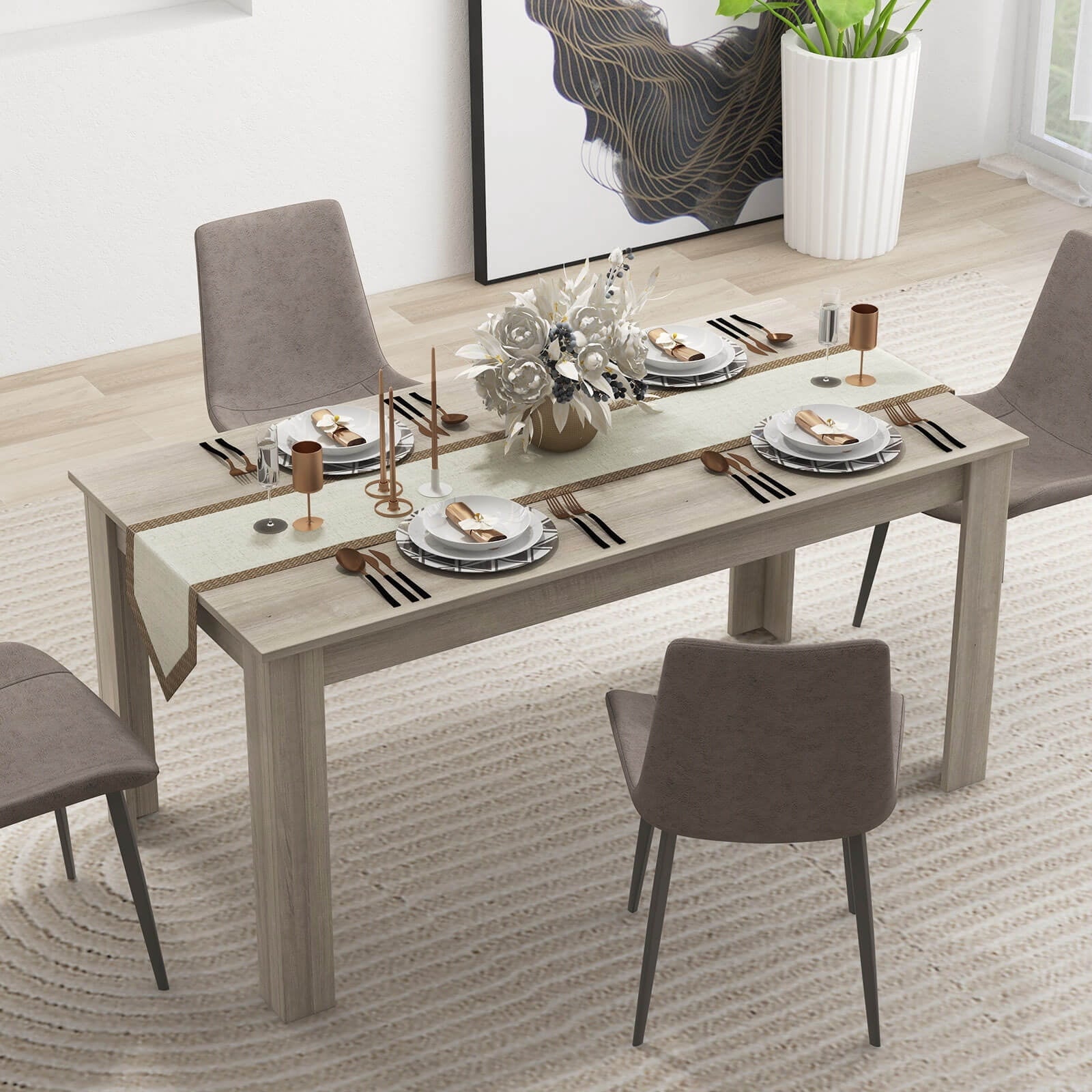 Costway 63 Dining Table Rectangular Modern Kitchen Table For 6 People Home Furniture Gray