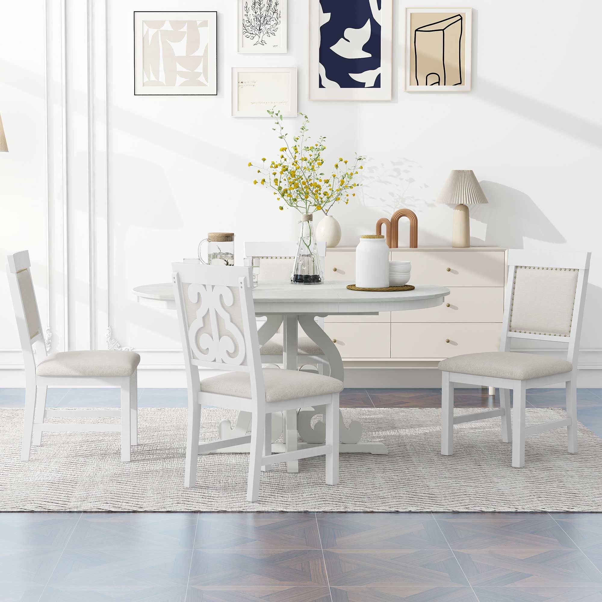 Harper & Bright Designs Farmhouse 5 Piece Kitchen Dining Table Set for 4, Solid Wood Extendable Round Dining Table Set and 4 Upholstered Chairs, Retro Dining Set for Kitchen, Natural Wood Wash