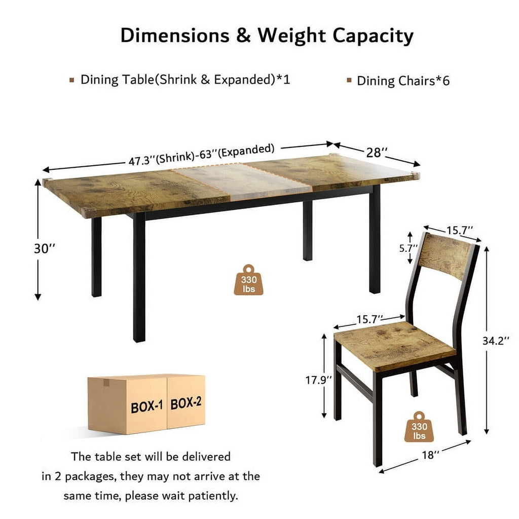 Virans 7-Piece Dining Table & Chairs Set for 4-6, 63 Extendable Kitchen Table with 6 Chairs, Dining Room Table with Metal Frame & MDF Board, Perfect for Small Space, Easy Assembly,Espresso