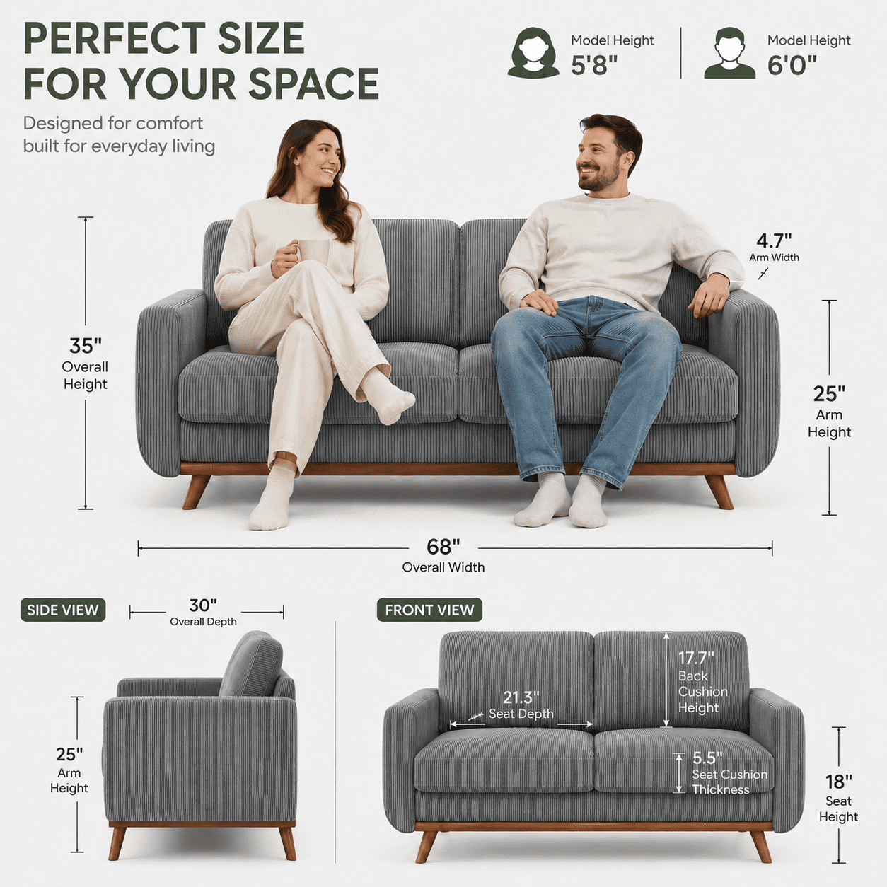 Neche 68 Corduroy Sofa for Living Room, 2 Seater Modern Couch for Small Space Office, Comfy Loveseat in a Box, Green