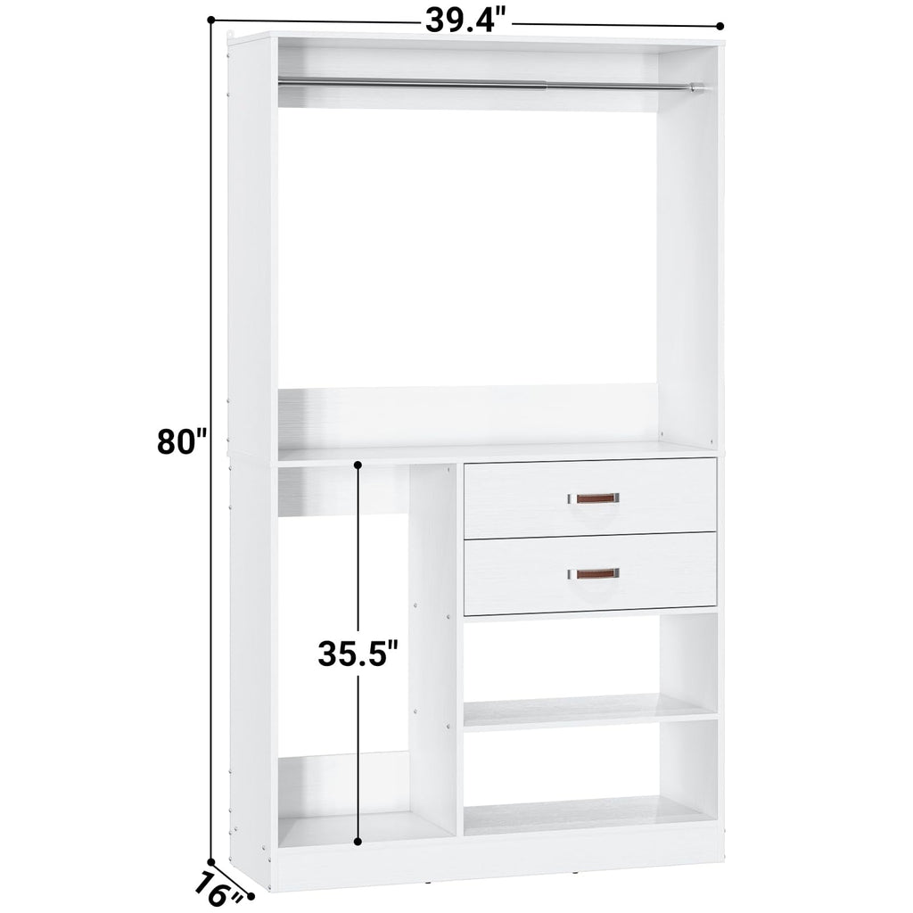 Homieasy Freestanding Closet System with Suitcase Storage, 40'' Closet Organizer System with 2 Wood Drawers and Hanging Rod, White