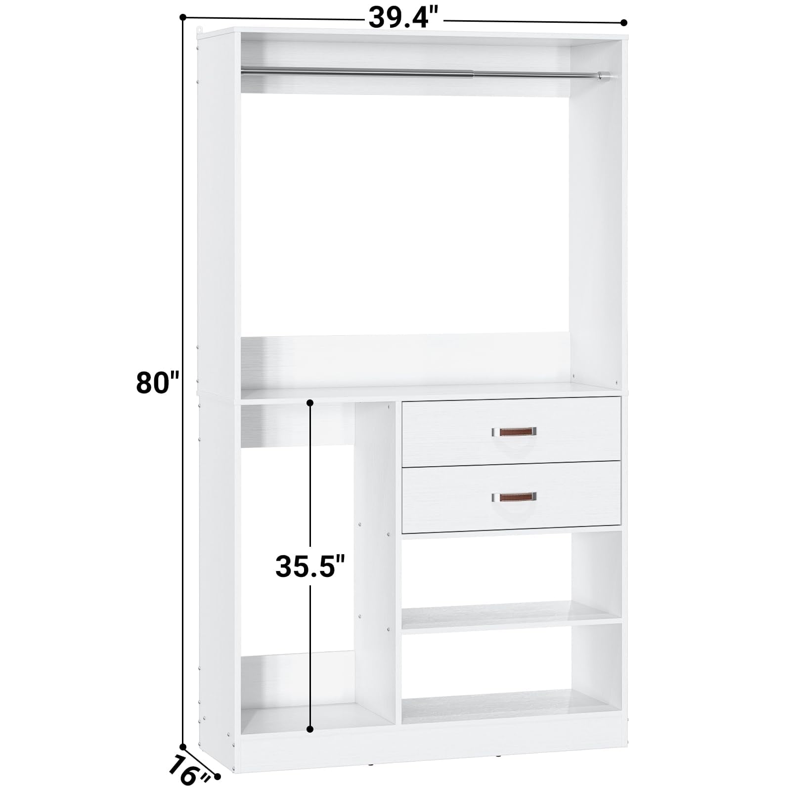 Homieasy Freestanding Closet System with Suitcase Storage, 40'' Closet Organizer System with 2 Wood Drawers and Hanging Rod, White