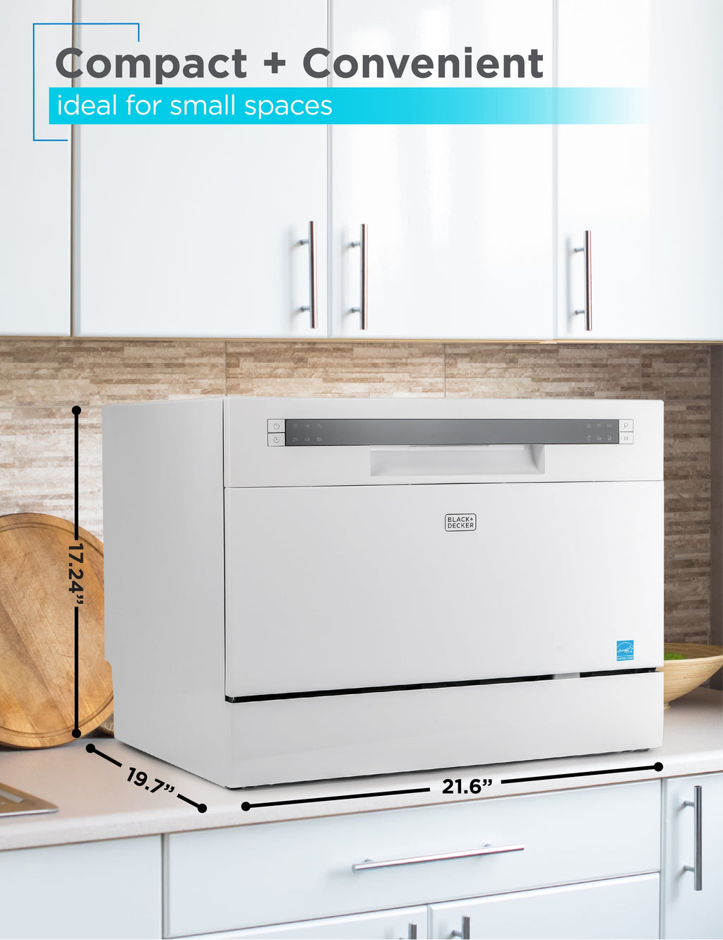 BLACK+DECKER 6-Place Setting Compact Countertop Dishwasher, Accommodates up to 10-In. Dinner Plates, BCD6W