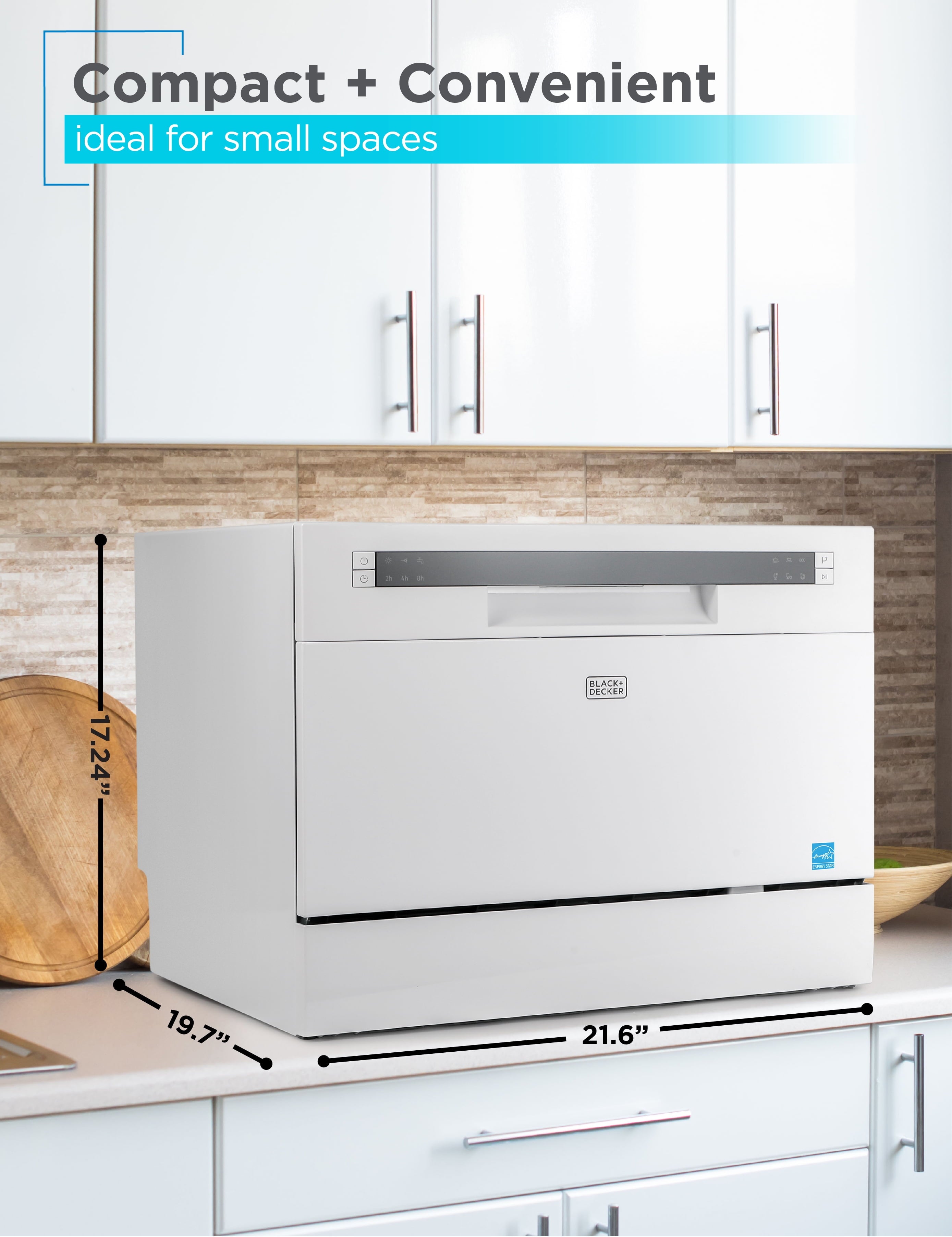 BLACK+DECKER 6-Place Setting Compact Countertop Dishwasher, Accommodates up to 10-In. Dinner Plates, BCD6W
