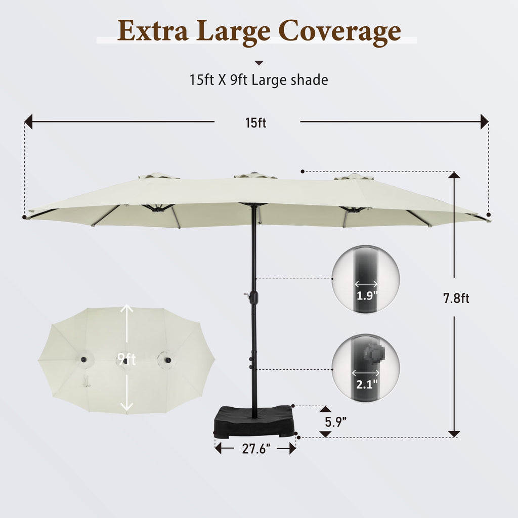 SUMMIT LIVING 15 ft Large Patio Umbrella with Base (Included) Double-Sided Rectangular Outdoor Deck Umbrella for Outside - Beige