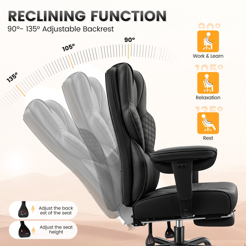 COOLHUT Big and Tall Office Chair 500lbs, Heavy Duty Ergonomic Office Desk Chair with Deluxe Embossing PU Leather with Footrest, Executive Gaming Chair with Lumbar Support, Brown