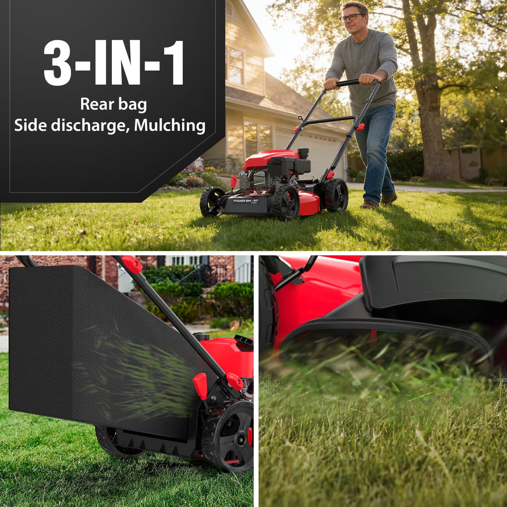 PowerSmart 144cc 18  Gas Push Lawn Mower, Steel Deck, 5-Position Height Adjustment