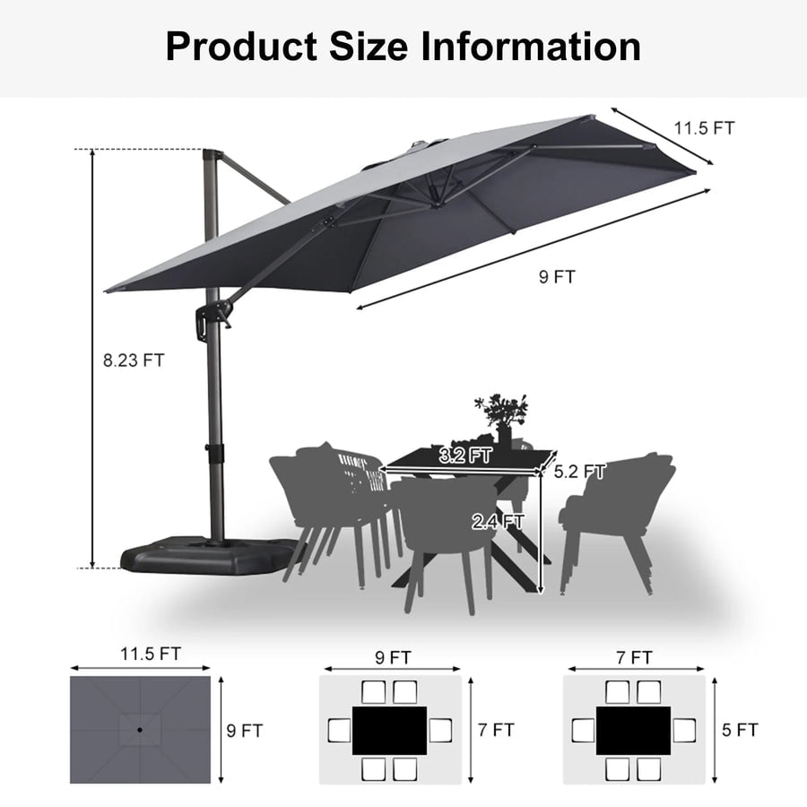 PURPLE LEAF OUTDOOR 10x13 FT Extra Large Rectangle Cantilever Umbrella with Base - 360° Rotating Heavy-Duty Aluminum Frame, Waterproof Graphite Grey Patio Sunshade for Oversized Pool Deck & Backyard