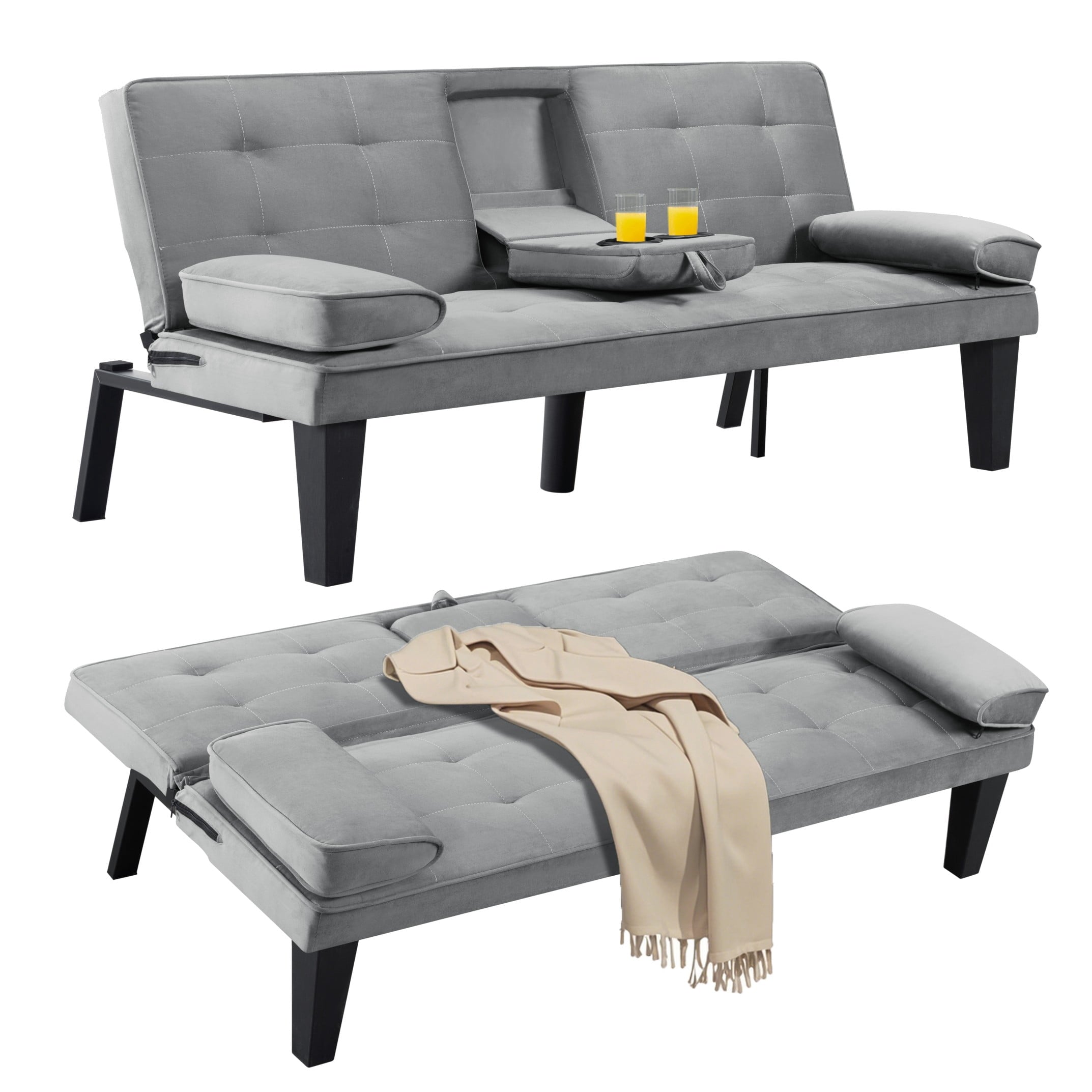 BSHTI 65 Modern Velvet Futon Sofa Bed with Drop Down Cup Holders, 3-Position Adjustable Backrest, Removable Arm Cushions, Chrome Legs for Living Room & Guest Room Black