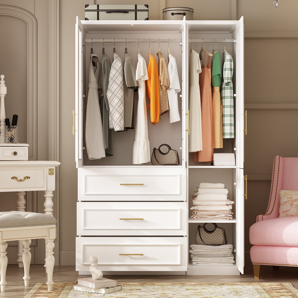 KULAGAGA Wardrobe Closet with Hanging Rod, Modern Wooden Armoire with 4 Framed Doors & 3 Large Shelves, Clothes Storage Cabinet Organizer for Bedroom Apartment, White