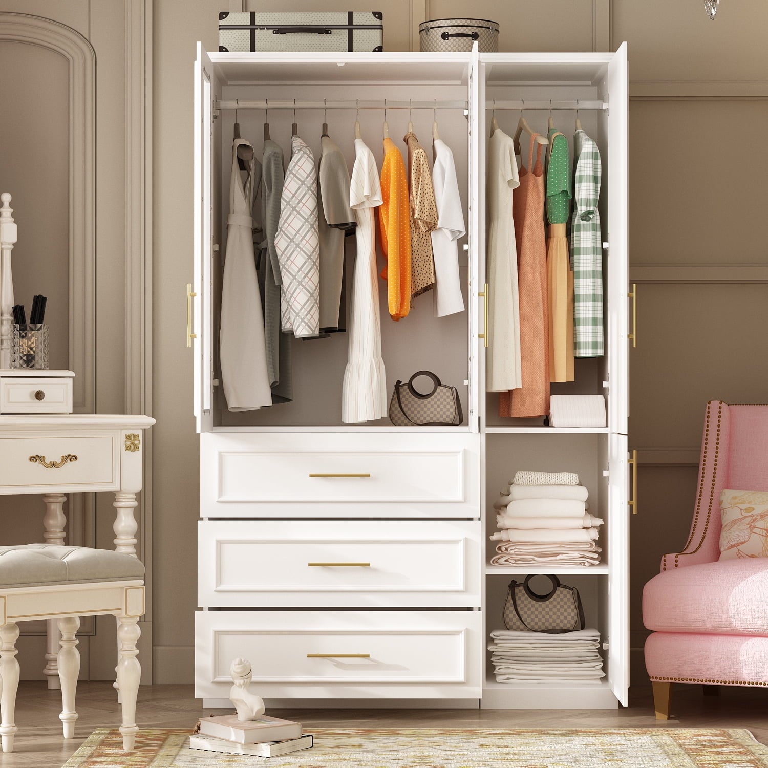 KULAGAGA Wardrobe Closet with Hanging Rod, Modern Wooden Armoire with 4 Framed Doors & 3 Large Shelves, Clothes Storage Cabinet Organizer for Bedroom Apartment, White