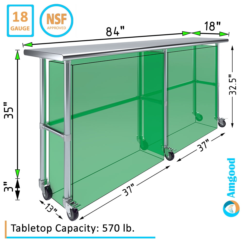 AmGood 36 Long x 30 Deep Stainless-Steel Work Table with Open Base and Wheels, Mobile Metal Table
